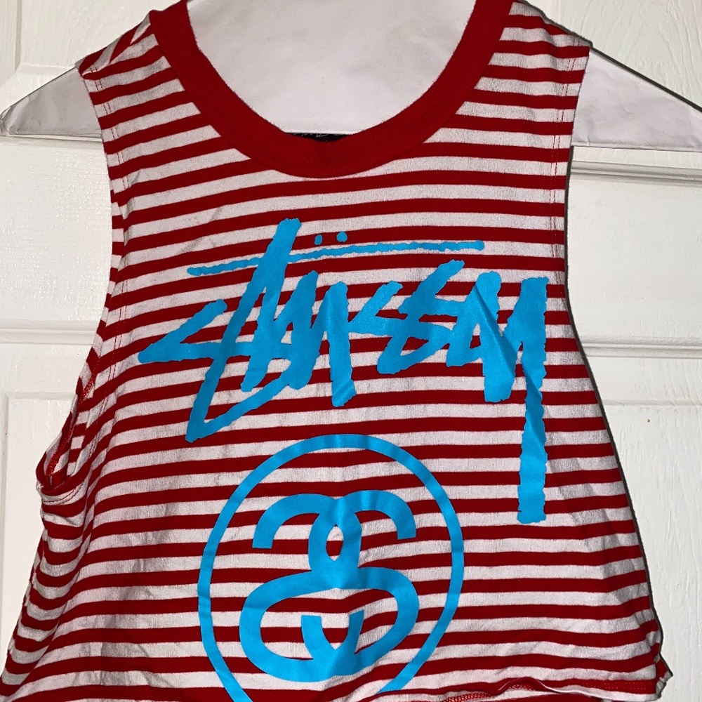 Red and white Stussy crop top